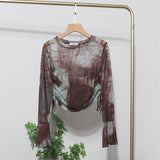 Sunscreen Not Sultry Hot Tie Dye Net Yarn Long-Sleeved T-Shirt Drawstring Tethered With Short-Sized T-Shirt Horn Sleeve Top 8929