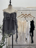 Summer Lotus Leaf Side Sling Shirt Women Feel Low Chest Bare Back Ribbon Loose Sleeveless Top 9670