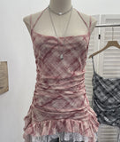 Rally Lattice Mesh Sling Sling Vest Hanging Neck Splicing Lace Irregular Lotus Leaf Edge Ribbon Sleeveless Top 6511