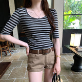 Direct Sales Lyselle Tiansi Design Stripe Bumpy Short-Sleeved T-Shirt Women's Commuting Summer New Beautiful Top