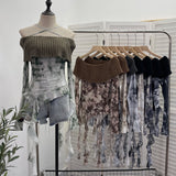 Real Shot Shoulder Cross Hanging Neck Knitting Mesh Yarn Coat Irregular Ribbon Horn Long-Sleeved T-Shirt 1101