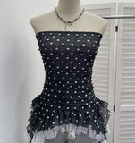 Real Shooting Wave Point Printing Yarn Tectonic Tector Vest Irregular Splicing Lace Ribbon Ribbon Leaves Edge Sleeveless Top 7231