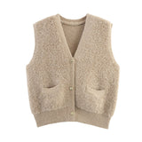 BSK&TRAF Women's Clothing In The Autumn Of 2025 New Small Fragrant Knitted V-Neck Pocket Sweater Vest