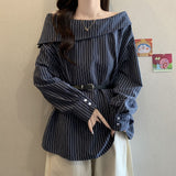 2026 New Chic Temperament One-Word Collared Fashion Stripe Early Autumn Long-Sleeved Shirt With Waistband