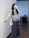 Lazy Commuting Leisure Sports Suit Women's Summer Slanted Shoulders Short-Sleeved T-Shirt Loose Lattice Broad Leg Pants Two-Set