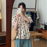 Apricot Folded Short-Sleeved Shirt 2025 Summer Loose Love Heartbreak Flower Blouse Bubble Sleeve Blouse Blouse Blouse Blouse Blouse