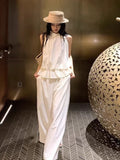 French Temperament Sleeveless Lotus Leaf Side Hanging Neck Vest Top Female Design Sense Loose Broad Legs Long Pants Set Summer