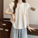 Zen Shirt New Chinese Women's Round-Neck Summer French Small White Short-Sleeved Shirt Elegance