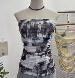 Thai-Style Splash Ink Dye Mesh Wrap Chest Vest Irregular Stacked Folded Sleeveless Top 9950
