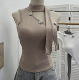 Real Shooting Hanging Neck Small Sling Vest Outside Wearing Brooch Knitting Elastic Shoulder Ribbon Hottie Top 1052