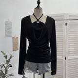 Real Shooting Explosion Hanging Neck Hollow Two Collar Long-Sleeved T-Shirt Folded Bottom Shirt 2769
