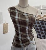 Real-Slender Mesh Slant Shoulder Lattice Sling Sling Waist Strap With Short Shoulderless Sleeveless Top 8075