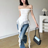 2025 New Tea Rest Gentle Lotus Leaf Side Sexy Sling Woman Summer A Word Shoulder Repair Short Top