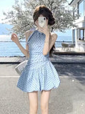 Blue Wave Point Sleeveless Hanging Neck Dress Women Summer 2026 New Korean Temperament Small Tidal Boa Tidal Short Skirt