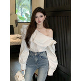Lotus Leaf Side-Shoulder Shirt Women's Clothing 2025 Spring And Autumn New Long-Sleeved French Temperament Short Top Elegant