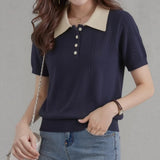 Short-Sleeved Knitting Polo Collar Pink Splicing Shoulder Summer Design Small Soft Knitting Slim Top