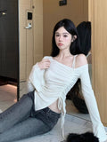 Korean Hottie Rope A Word Shoulder Dress Woman Autumn Design Sense Of Small Shoulder Wearing A Bottom Shirt Long-Sleeved T-Shirt