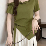 2026 Summer New Slanted Shoulder Side Short-Sleeved T-Shirt Lady Slimming Tie To Collect Pure Lustful Blouse