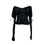 Real Shoot Hollow Perspective Lace Jersey Hot Girl Sexy Bump Color Mesh With Chest Cushion Long Sleeves Short Shoulder Top 9652