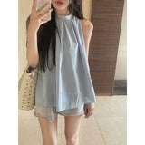 Sweet Babes Hanging Neck Sling Small Vest Women Wearing French High-End Feel Beautiful Shirt Blue Sleeveless Top