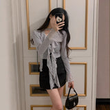 Spring And Summer New Temperament Pure Desire Lotus Leaf Side Ribbon Wearing Short V-Neck Lace Bottom T-Shirt Long-Sleeved T-Shirt