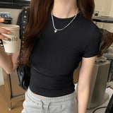 Positive Shoulder Short Sleeve T-Shirt Girl Summer Simple Slim Slim Thin Hot Babes Tight Waist Short Top