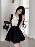 French Thousand Gold Lace Doll Collar Vest Dress Women's Summer Fragrant Temperament Sleeveless Black Dress
