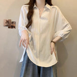New Hong Kong Style White Shirt Women's Summer Large Size Mm Thin Shoulders Cover Belly Meat Design Loose Seven-Sleeve Top