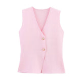 Summer New Gold Button Knitted Vest Small Folding Splicing Skirt Set