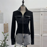 Vintage Modern Zipper Collar Spliced Pu Leather Shirt Babes Short Jacket Coat Fur Coat 1365