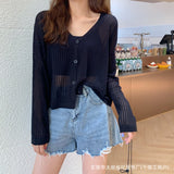 Fashion Long-Sleeved V-Neck Thin Hollow Sun Protection Coat Women Autumn New Knitted Top Air-Conditioning Cardigan Women
