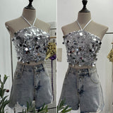 Heavy Industry Bling Bling Glide Hanging Neck Sling Vest One-Style Wrapping Tie With Large Bare Back Blouse 1083