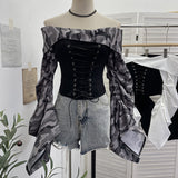 Vintage Shoulder Camouflage Long Sleeve Splicing Rope Tie With Waist Shirt Folded Top 2767