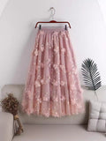 Spring 2025 New High-Rise Thin Double-Layer Mesh Shaft A-Shaped Skirt Three-Dimensional Embroidery Flower Mid-Long Skirt