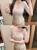 Pure Lust Wind Mesh Fake Two-Sleeved T-Shirt Girl Summer New Slimmed Hot Girl U Collar Broken Lace Top