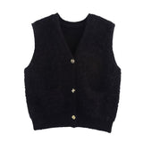 BSK&TRAF Women's Clothing In The Autumn Of 2025 New Small Fragrant Knitted V-Neck Pocket Sweater Vest