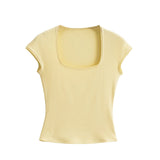 Purely Want Small Lace U Collar Tight Short-Sleeved T-Shirt Women's Summer Elastic Base Slim Bottom Small Top