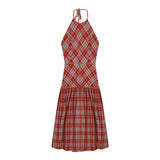 Red Lattice Dress Niche Hanging Neck Sling Skirt Girl Summer Bare Back Strap A Skirt Temperament Seaside Dress