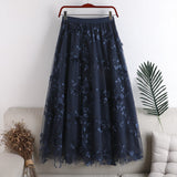 Spring 2025 New High-Rise Thin Double-Layer Mesh Shaft A-Shaped Skirt Three-Dimensional Embroidery Flower Mid-Long Skirt