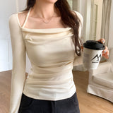 Pure Hot Girl Wind Hanging Neck Grinding Hair Wrinkles Short Long-Sleeved T-Shirt Girl Spring New Coat