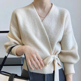 French Retro V Tie Loose Outer Knitted Cardigan Design Sweater Coat Femininity