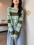 Short Knitted Shirt Women Spring Autumn Korean Chic Style Wearing Striped Hit-Bottomed Shirt Lazi Long-Sleeved Top