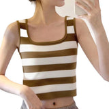 Summer New Korean Version Of Sweet Square Collared Striped Sleeveless Slim Short Vest Top