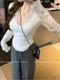 Light-Cooked Wind Sexy V-Neck Lace Hollow Bottoming Shirt Woman 2026 Spring And Autumn Hong Kong Hottie Repair Long-Sleeved Tops