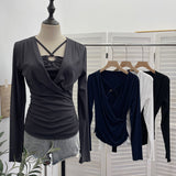 French Design Sense Hanging Neck Cross-Folded Long-Sleeved T-Shirt Inside The Fake Two-Piece Top Female 2767