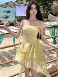 French Design Feel The Leaves Side Of The Blue Dress Women's Summer Gentle Wind Beautiful Seaside Wind Swing Tie Sling Skirt