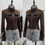 Vintage Modern Zipper Collar Spliced Pu Leather Shirt Babes Short Jacket Coat Fur Coat 1365