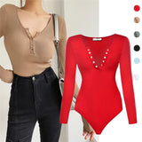 V-Neck Buckle Babes Dress Design Long-Sleeved Sexy Elastic Body Solid-Colored Bottom Shirt