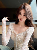 White Lace Babes Long Sleeve V-Neck T-Shirt Girl Spring And Summer Temperament Sexy Net Yarn Inside The Bottom Shirt Tight Tide