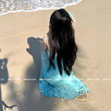 French Light Green Printed Mesh Sling Dress Women's Summer Seaside Vacation Pure Sexy Fishtail Ass And Hips